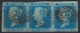 GRANDE BRETAGNE 1841:  Bande De 3 Du 2p Bleu Clair Sur Azuré ND Y&T 4, Obl., Forte Cote - Used Stamps