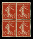 FRANCE - YT 138 X4 ** - SEMEUSE 10c Rouge Type IA - BLOC DE 4 TIMBRES NEUFS ** - 1906-38 Semeuse Camée