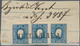 Österreich: 1858, (1.05 Kr) Blau Zeitungsmarke, Waager. 3er-Streifen, Allseits V - Briefe U. Dokumente
