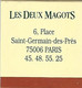 Pochette D'allumettes Café "Les Deux Magots"-75006 Paris--TBE - Boites D'allumettes