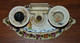 TRES ANCIENNE JOLIE PIECE CERAMIQUE 2 BOUGEOIRS + PORTE ALLUMETTE DECOR FLEUR BE - Candelabri E Candelieri