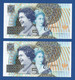 SCOTLAND - P.362 – 2 X 5 POUNDS 2002 UNC, Serie TQGJ0007582 + ...7583 "Queen's Golden Jubilee" Comm. Issue - Low Number - 5 Pounds