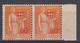 France Paire YT 359 A ** Type 1 Paix 80 C Sur 1 Fr Orange .. Neuf Sans Charniére - Gebraucht