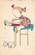CPA Timbres Découpés Pour Les Vetements De La Petite Fille - Illustration Fillette écrivant à La Plume - Chien - Postzegels (afbeeldingen)