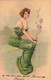 CPA Fantaisie - Femme Assise Avec Une Robe Verte Et Une Longue Fleur Dans Sa Main - Carte En Relief - Women