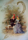 CARTE CHROMO XIX °  OISEAUX HUMANISES, COQ COURTISANT Une POULE Sur Un Banc  FLIRT DRESSED ROOSTER  HEN A/s C WHITE - Animaux