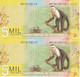 PAREJA CORRELATIVA DE COSTA RICA DE 5000 COLONES DEL AÑO 2012 SIN CIRCULAR (UNC) (MONO-MONKEY)  (BANKNOTE) - Costa Rica