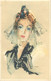 Postcard Charming Lady Elegant Veiled Outfit Drawing - Mode