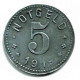 ALLEMAGNE / NOTGELD / UNTERWESERSTÄDTE/ 5 PFG../ 1919 / ZINC / 17.8  Mm / ETAT TTB / 558.1 - Noodgeld