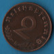 DEUTSCHES REICH 2 REICHSPFENNIG 1938 B KM# 90 Svastika - 2 Reichspfennig