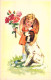 ENFANTS - Fille - Dessin D'enfant - Chien - Fleurs - Carte Postale Ancienne - Dessins D'enfants