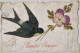 FANTAISIES - ANIMAUX - Oiseau - Hirondelle Avec Une Pensée Dans Son Bec - Amitié Sincère - Carte Postale Ancienne - Oiseaux