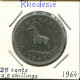 2½ Shillings/25 CENTS 1964 RODESIA RHODESIA ZIMBABWE Moneda #AP623.2.E - Zimbabwe