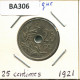 25 CENTIMES 1921 FRENCH Text BELGIQUE BELGIUM Pièce #BA306.F - 25 Cents