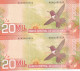 PAREJA CORRELATIVA DE COSTA RICA DE 20000 COLONES DEL AÑO 2012 SIN CIRCULAR (UNC) (COLIBRI)  (BANKNOTE) - Costa Rica