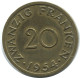 20 FRANKEN 1954 SAARLAND GERMANY Coin #AD779.9.U - 20 Frank
