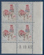 Coq De DECARIS N°1331 0.25c Bloc De 4 Coin Daté Spectaculaire Variété D'impression Du Bleu Très Dépouillé Signé CALVES - 1962-1965 Hahn (Decaris)