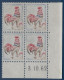 Coq De DECARIS N°1331 0.25c Bloc De 4 Coin Daté Spectaculaire Variété D'impression Du Bleu Très Dépouillé Signé CALVES - 1962-1965 Gallo De Decaris