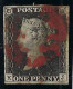 GRANDE BRETAGNE Ca.1840: Le "Penny Black" Y&T 1 Pl. 10 Lettres KJ Obl. Croix De Malte Rouge, Forte Cote - Used Stamps