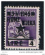 FIUME  VARIETA' - OCCUPAZIONE  JUGOSLAVA:  1945  SOPRASTAMPATO  -  £. 4/ £.1 VIOLETTO  N. -  DECALCO  -  SASS. 15 S - Occup. Iugoslava: Fiume