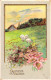 FLEURS - Illustration Non Signée - Fleurs Roses Et Moutons En Pâture - Carte Postale Ancienne - Fleurs