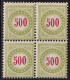 1889-91 Svizzera , Tasse Catalogo Zumstein N. 22D - 500 Verde-oliva QUARTINA - M - Ongebruikt