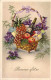 CPA - FANTAISIE - Fleurs Violettes Et Un Panier De Réserve - Vin Raisin Fruit - CARTE POSTALE ANCIENNE - Sonstige & Ohne Zuordnung