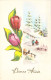 CPA - Nouvel An - Illustration Non Signée - Tulipes Et Village Enneigé - CARTE POSTALE ANCIENNE - Neujahr