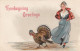 H.B. Griggs Artist  Signed Thanksgiving Greetings, Woman With Turkey, C1900s Vintage Embossed Postcard - Giorno Del Ringraziamento