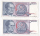 Yougoslavie 4 Billets 5000 Dinara 1985 , Numéro Qui Se Suive, CV 9159012 – 91599013 – 9159014 – 9159015,  TTB+ - Joegoslavië