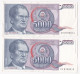 Yougoslavie 4 Billets 5000 Dinara 1985 , Numéro Qui Se Suive, CV 9159012 – 91599013 – 9159014 – 9159015,  TTB+ - Yugoslavia