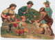 CHATS -CAT - CHIEN  - SCENE FAMILLIALE- TRES RARE DECOUPI GAUFFRE - 1885  - ENVERGURE FORMAT (11x14cm) - Animaux