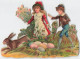 PÂQUES - LAPINS - OEUFS -  ENFANTS - TRES RARE DECOUPI GAUFFRE - 1885  - ENVERGURE FORMAT (9x12cm) - Easter