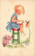 ENFANTS - Dessins D'enfants - Petite Fille Dessinant Assise Sur Un Tabouret - Carte Postale Ancienne - Dibujos De Niños