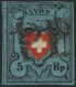SCHWEIZ BUNDESPOST 7IIDDII O, 1850, 5 Rp. Schwarz/zinnoberrot Auf Blau, Ohne Kreuzeinfassung, Doppelter Rotdruck Des Wap - 1843-1852 Kantonalmarken Und Bundesmarken