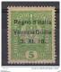 VENEZIA  GIULIA:  1918  SOPRASTAMPATO  -  5 H. VERDE  GIALLO  N. -  LONGHI  -  SASS. 2 - Venezia Giulia