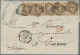 France: 1860 Napoleon 10c. Light Brown STRIP OF FIVE Used On Cover From Paris To - Brieven En Documenten