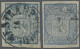 Norway: 1855 First Issue 4sk. Blue, Two Singles Used (one With Holmestrand C.d.s - Briefe U. Dokumente