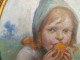 Delcampe - Tableau Portrait D'Enfant Mangeant Un Fruit Signé 1942 Cadre Bois Sculpté Doré. - Oils