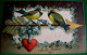 Cpa  Gaufree OISEAUX   FLECHE, COEUR, RUBAN ,FLEURS, ST VALENTIN ,BIRDS TITS ON ARROW VALENTINE EMBOSSED EARLY PC - Saint-Valentin