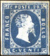 ** 1851, 20 C. Azzurro, Nuovo Con Gomma Originale Integra, Cert. Ghiglione, Sass. 2 / 42000,- Michel 2 - Sardaigne