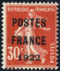 * 1920-22, Préoblitérés, 30 C. Rouge Avec Surcharge "POSTES / FRANCE / 1922", Neuf Avec Gomme Originale, Cert. Roumet (Y - Other & Unclassified