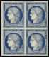 Bloc De 4,* N°4 25c Bleu En Bloc De 4, Neuf * (infime Clair De Charnière), TB, RR. Signé A.Brun, Cert. Calves - 1849-1850 Cérès