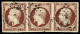 Obl N°18 1f Carmin En Bande De Trois, Obl., TTB, RR. Signé A.Brun, JF.Brun - 1853-1860 Napoléon III.