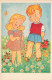 ILLUSTRATEUR SIGNE - HA - Deux Enfants Dans La Prairie  - Carte Postale Ancienne - Otros & Sin Clasificación