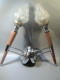 Delcampe - Paire D'Appliques Torchères Bois Verre Métal Chrome Masse Fourmaintraux Design Vintage Déco Coursive Bateau Péniche - Luminarie E Lampadari