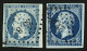 20c Bleu Laiteux Sur Vert (n°14Am) + 20c Bleu Foncé Sur Vert (n°14Ad) Obl. PC. Superbe. - 1853-1860 Napoléon III.