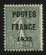 PREOBLITERES : 15c POSTES FRANCE 1922 (n°37) Neuf Sans Gomme. Cote 700€.  Signé SCHELLER. Superbe. - Autres & Non Classés