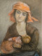 Delcampe - PASTEL SIGNE FEMME MERE ALLAITANT SON ENFANT TAILLE CADRE 39.5 X 31 CM - Pastelli