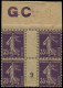* FRANCE - Poste - 142, Bloc De 4 Millésime "9", Manchette GC Chamois: 35c. Semeuse Violet. - Unused Stamps